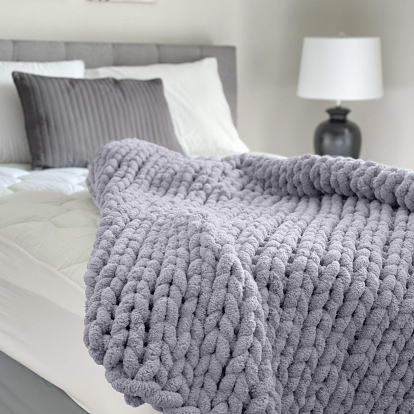 Lilac Gray Chunky Knit Blanket
